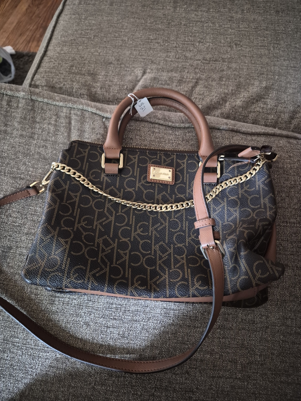 Calvin Klein Brown Monogram Satchel with Gold Chain and Tan Trim